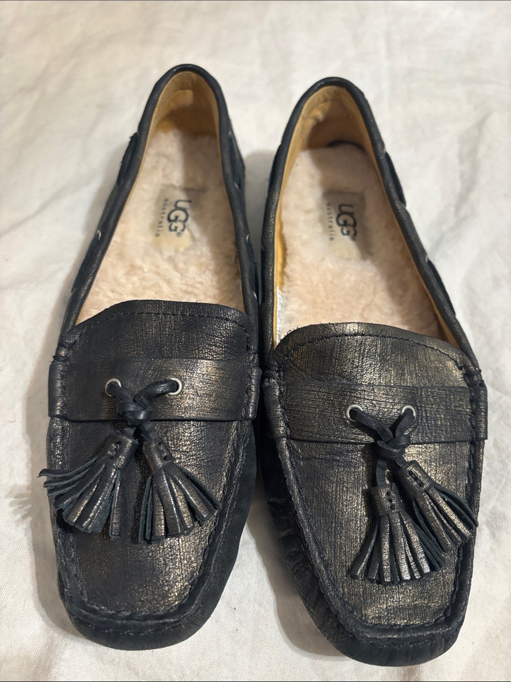UGG Black Leather Tassel Loafers with Shearling Insole